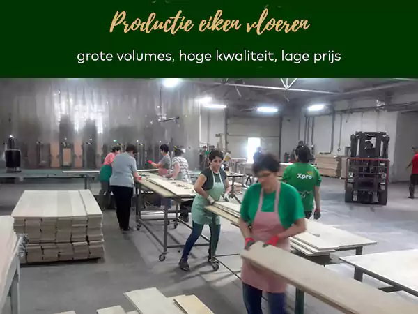 Vloer door diverse medewerkers gelijmd en gesorteerd Vloeren productie