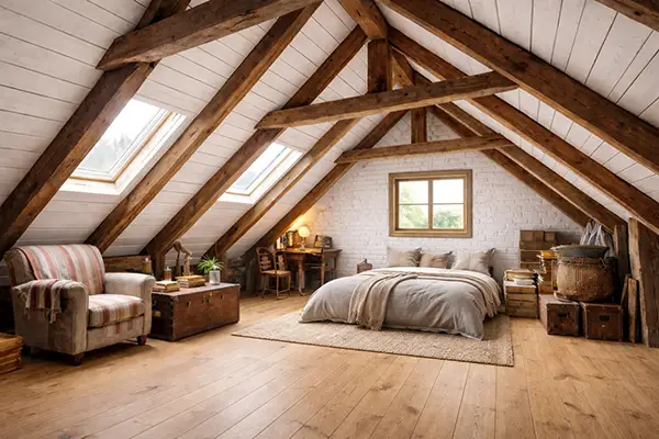 Eiken planken Budget op een zolder slaapkamer