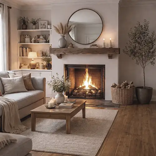 houten vloer en openhaard houten vloer in woonkamer met openhaard
