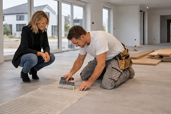 parketlegger lijmt vloer vrouw kijkt lijmen parketvloer door parketlegger. Vrouw kijkt