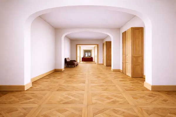 Versaillesparket parallel aan muur Versaillesparket tegels parallel aan muur gelegd